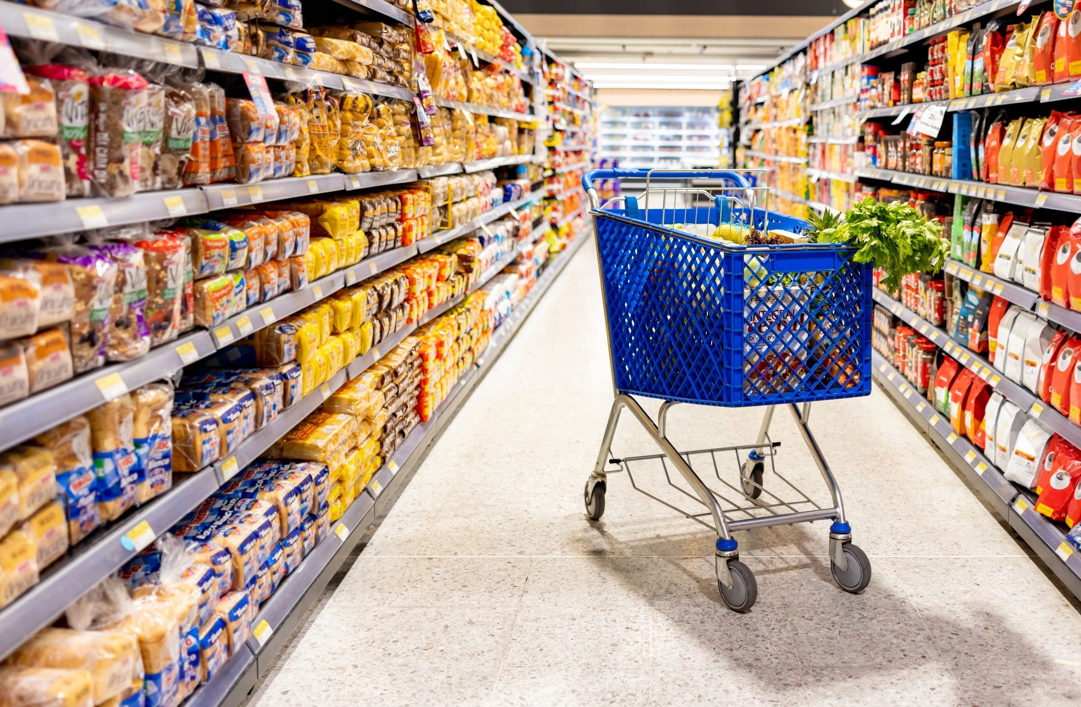 Shopping cart in a supermarket aisle representing organized grocery retail service